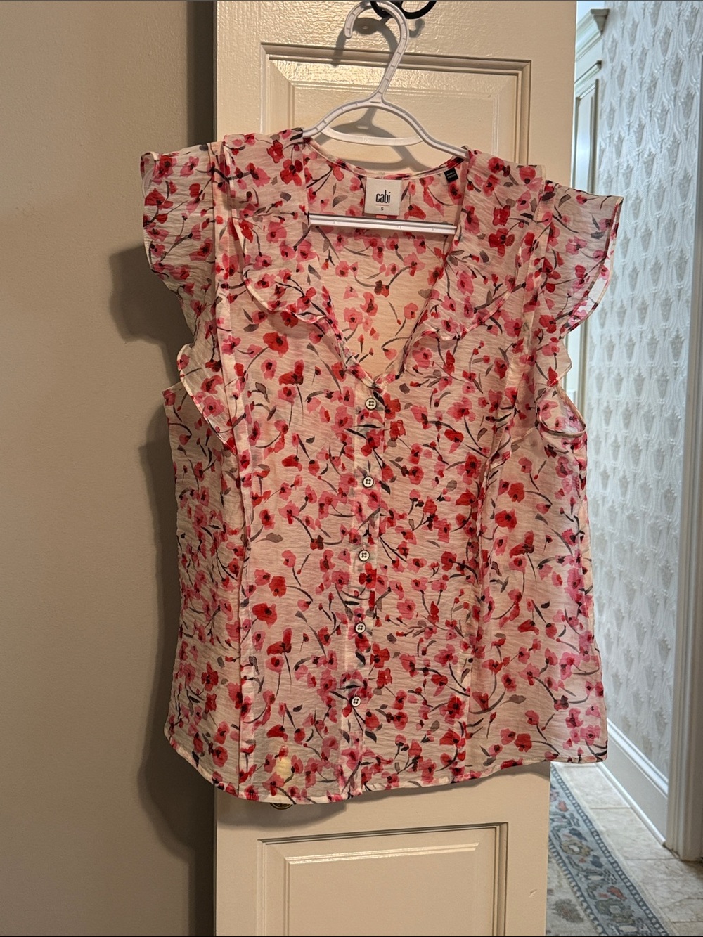 CAbi Pink Floral Ruffle Button-Front Top